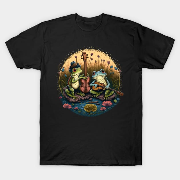 Cottagecore aesthetic frogs playing ukelele on Mushroom T-Shirt by JayD World